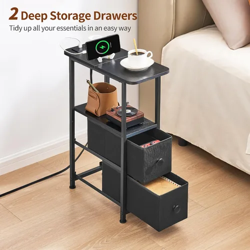 Miniatura 6 de DALEMHOME Mesa auxiliar estrecha con estación de carga, mesa auxiliar estrecha con cajón, mesita de noche pequeña con luz LED, mesita de noche