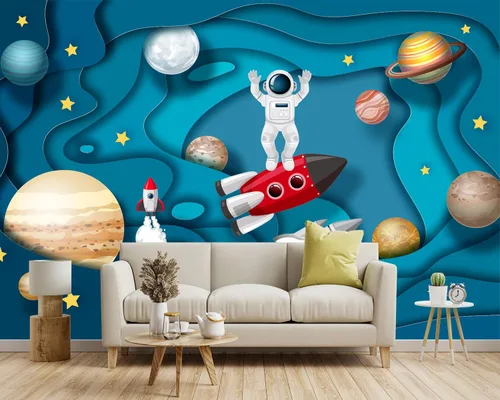 Miniatura 2 de Papel tapiz de tela con diseño de planeta galáctico para niños, jardín de infantes, sala de estar, dormitorio, niños, niñas, niños, caricaturas