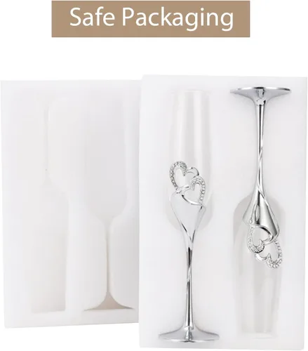Miniatura 7 de Sziqiqi Juego de 2 copas de champán para boda, copas de flauta de tostado, con diamantes de imitación, decoración de corazones para bodas, Plata