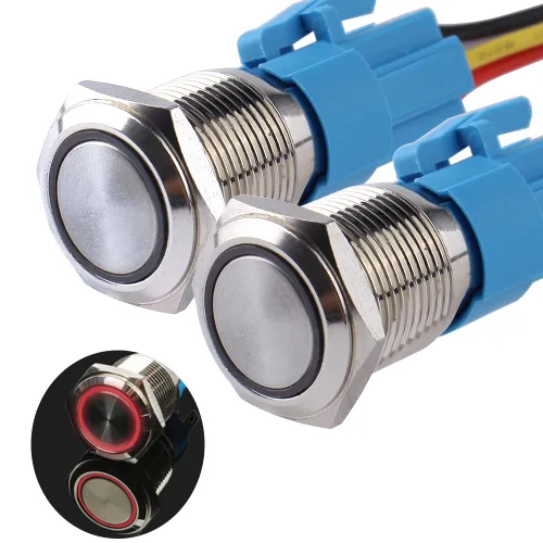 Miniatura 10 de Paquete de 2 interruptores de botón momentáneos de 0.63 pulgadas, 12 V-24 V, LED, impermeable, de metal, 1 NO 1 NC, con enchufe de cable