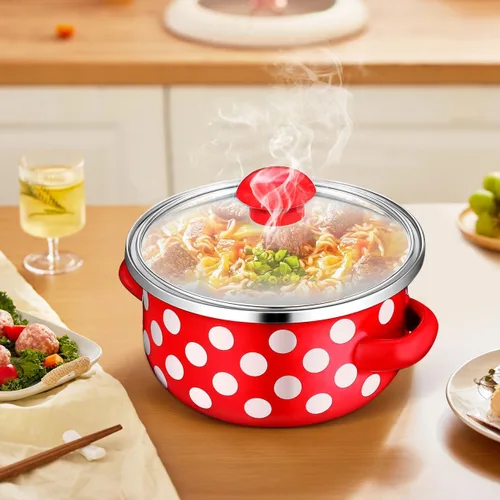 Miniatura 2 de Juego de 3 mini ollas de cocina esmaltadas con asas dobles y tapas, parte inferior plana para calefacción uniforme para sopas, salsas, guisos, uso