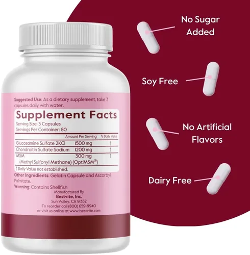 Miniatura 3 de BESTVITE Glucosamina condroitina MSM 500/400/100 por cápsula (240 cápsulas) con OptiMSM patentado, fórmula de máxima resistencia para apoyo