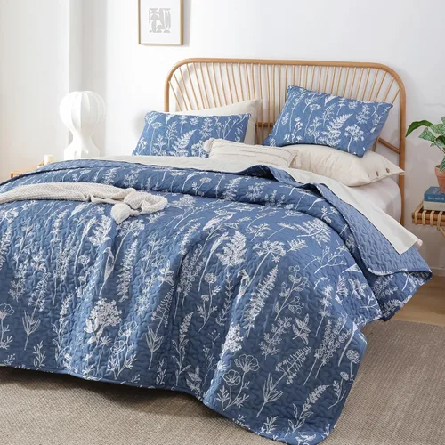 Miniatura 27 de JANZAA Juego de colcha tamaño Queen de 3 piezas con patrón floral, de microfibra ligera, ropa de cama reversible, 1 colcha y 2 fundas de almohada