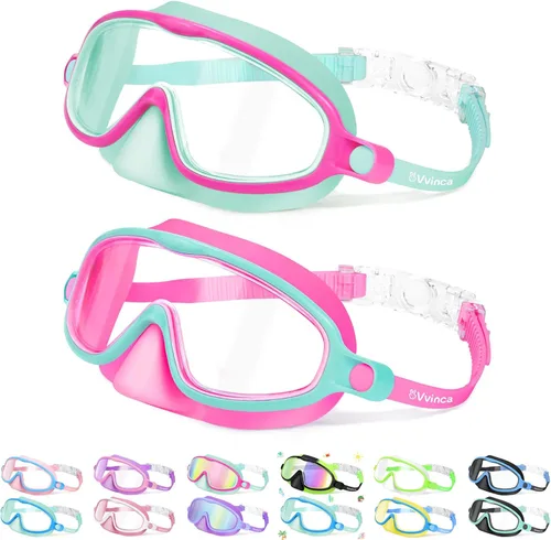 Miniatura 12 de Vvinca 2 gafas de natación para niños con cubierta para la nariz, máscara de buceo de natación de visión amplia, antivaho UV, anti roturas