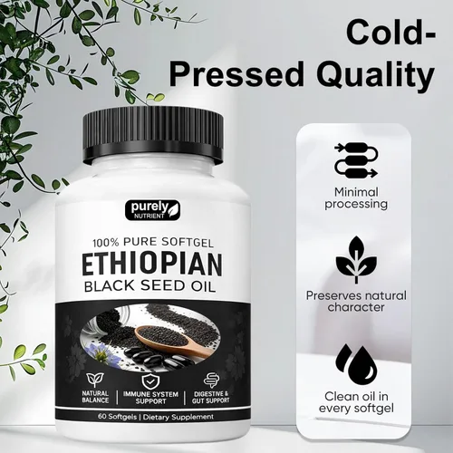 Miniatura 6 de Aceite de semilla negra etíope puramente nutritiva, cápsulas de aceite de semilla negra puramente etíope 4.64% timoquinona, cápsulas blandas