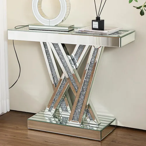 Mesa consola moderna plateada con espejo, mesa de sofá de cristal con incrustaciones de cristales triturados, mesa de entrada de 35 pulgadas con