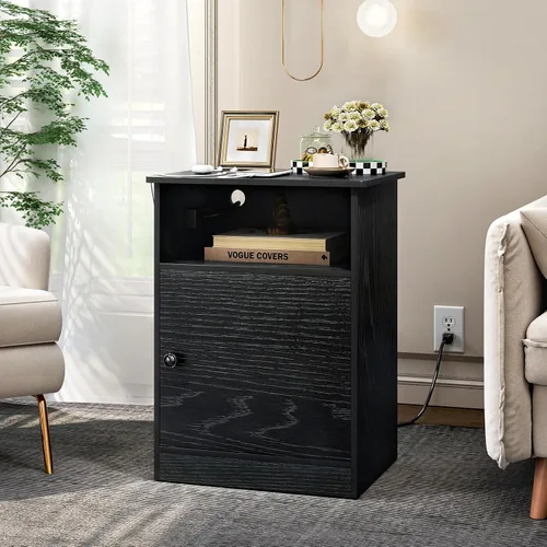 Miniatura 9 de TC-HOMENY Mesa auxiliar estrecha con estación de carga, mesa auxiliar, tapa abatible, estante y puertos USB mesita de noche para sala de estar