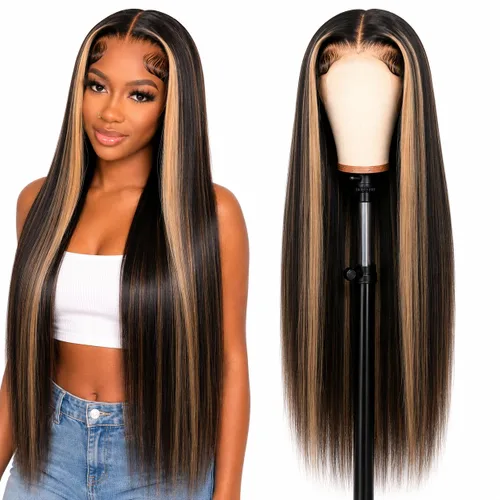 Cypha 1B/27 Ombre Lace Front Wig Human Hair Straight 13x6 HD Lace Frontal Wigs Human Hair Pre Plucked 180% Density Highlight Lace Front Colored Wig