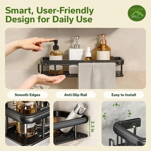 Miniatura 2 de EVALAND Paquete de 2 soportes adhesivos para ducha con ganchos y barra para toallas, color negro, estantes de ducha de baño de alta calidad