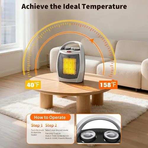Miniatura 2 de Calentador Garvee - Calentadores eléctricos con termostato 1500 W/750 W, calentador de escritorio de cerámica de calentamiento rápido 2 en 1