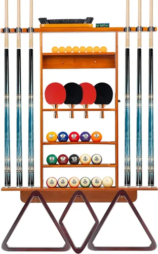 Billmart Soporte para palo de piscina de montaje en pared, palo de piscina 2 en 1 y soporte de paleta de ping pong, estante de madera maciza con