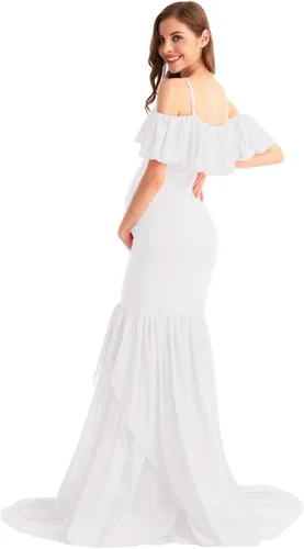 Miniatura 42 de MYRISAM Vestido de maternidad con volantes y hombros descubiertos para mujer, vestido de fiesta de sirena de gasa, vestido ajustado