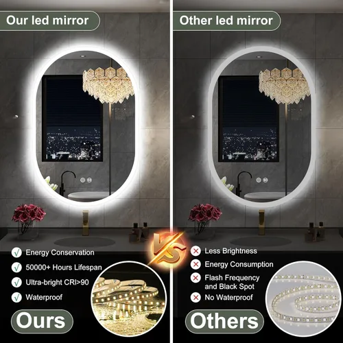 Miniatura 5 de S'bagno Espejo LED ovalado de 20 x 32 pulgadas para baño con luz delantera y trasera, antivaho, 3 colores de temperatura y regulable, espejo de baño