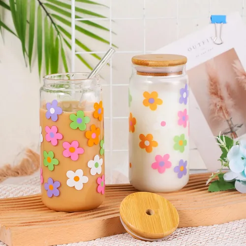 Miniatura 4 de Cunhill 2 juegos de regalos estéticos de margaritas, taza de café helado, bonitas tazas de vidrio con tapas y pajitas, tazas lindas, taza de flores