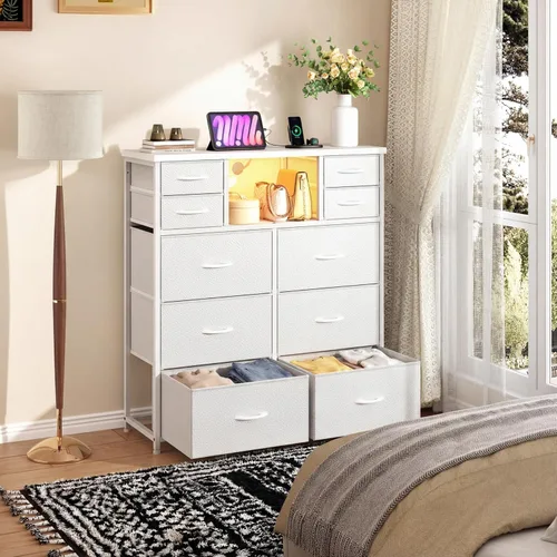 Miniatura 2 de Cómoda blanca para dormitorio con estación de carga y luces LED, 10 cajones de tela con estantes abiertos, cómoda resistente organizador de Blanco