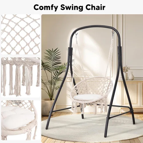 Miniatura 4 de SUNCREAT Silla Hamaca Colgante de Interior con Soporte, Silla Colgante de Exterior con Soporte, Capacidad de 400 libras, Beige