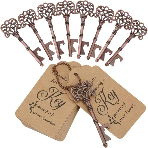 60 abrebotellas con llave, abrebotellas de esqueleto vintage con etiqueta de tarjeta de acompañante y llaveros, regalo de recuerdo de fiesta de boda