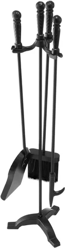 VEVOR Juego de herramientas para chimenea, 4 piezas de herramientas de fuego y soporte con soporte de tres puntas, pala de cenizas, cepillo, póker