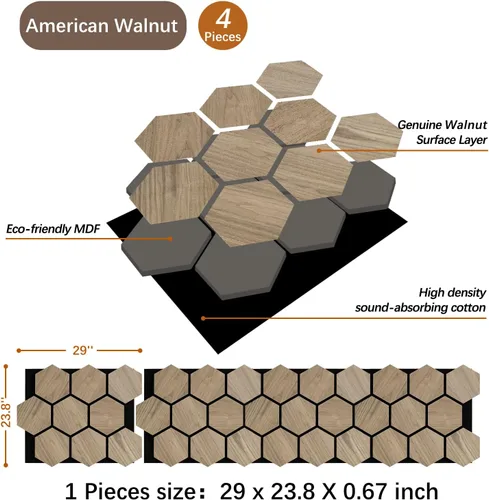 Miniatura 2 de Paneles de pared para pared interior – 4 paneles de pared hexagonales – Paneles acústicos hexagonales – Paneles de chapa de madera de nogal natural