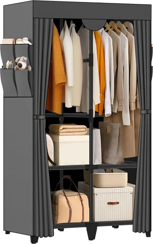 Miniatura 11 de Armario de Ropa, Montaje Rápido y Fácil, Clóset Portátil Negro con 2 Barras Colgantes, 4 Estantes de Almacenamiento y 8 Bolsillos Laterales, Estante