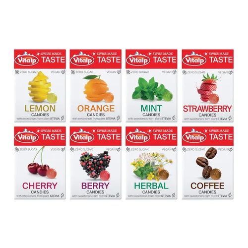 Miniatura 20 de Vitalp Taste, hecho en Suiza, caramelo duro sin azúcar con Stevia, vegano, sabor a caramelo cremoso, paquetes de 25g/0.88 onzas, 16 cajas