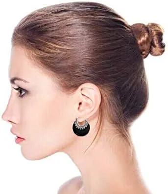 Miniatura 5 de Aretes de aro redondos de media luna con forma de ónix, turquesa y lapislázuli, estilo tribal occidental, para mujer, cuentas de caviar, milgrain