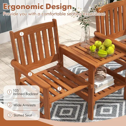 Miniatura 5 de RELAX4LIFE Sofá de dos plazas para exteriores con mesa integrada, sillas de patio de madera con mesa central y agujero para paraguas, banco
