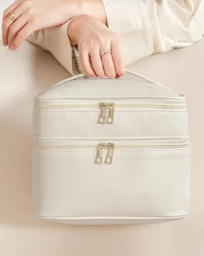 Miniatura 5 de HBlife Bolsa de maquillaje de viaje de doble capa, portátil, bonita bolsa de cosméticos de cuero, bolsa grande de maquillaje, organizador de Beige