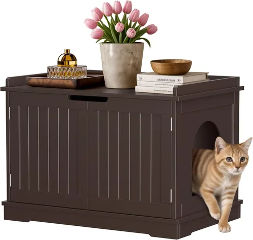 Miniatura 12 de Zeny – Armario para caja de arena para gatos, gabinete de madera con divisor, banco de almacenamiento moderno, se adapta a la mayoría de cajas