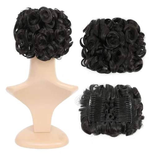 Miniatura 17 de SWACC Extensión de moño corto rizado desordenado, fácil de estirar, peines para el cabello, extensión de cola de caballo con clip, coletero, Marrón