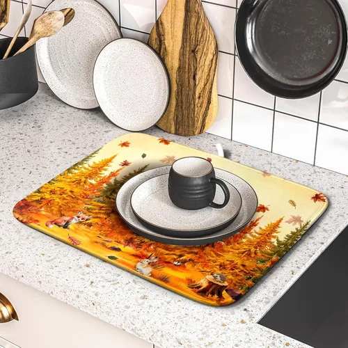 Miniatura 5 de Alfombrilla de secado de platos para encimera de cocina pequeña absorbente de café de otoño Alfombrilla de secado de microfibra de bosque de otoño
