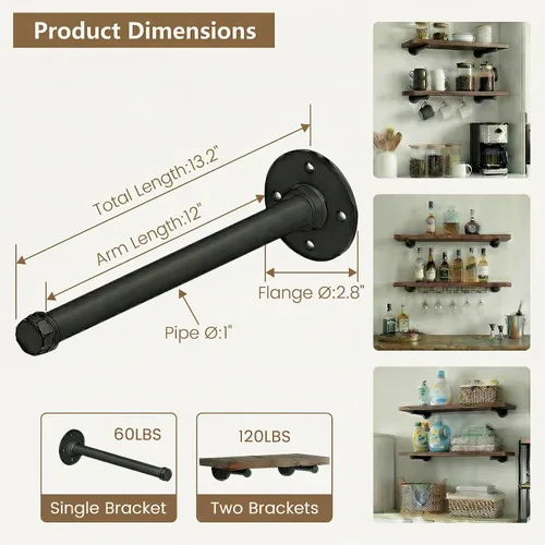 Miniatura 4 de Soportes industriales de tubo de hierro negro para estantes de montaje en pared, soportes para estanterías de bricolaje, decoración de tubería