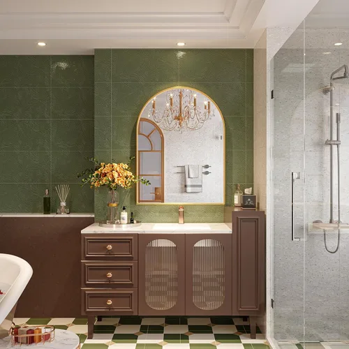 Miniatura 2 de Espejo de arco de 30 x 40 pulgadas para baño, espejo de pared arqueado dorado, espejo de tocador, marco de metal dorado, espejos de arco para sala