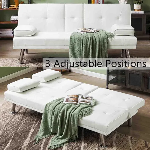 Miniatura 3 de Sofá cama futón de terciopelo con 2 portavasos y reposabrazos extraíbles, moderno sofá cama convertible con patas de metal, sofá biplaza tapizado