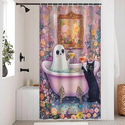 Miniatura 3 de Divertida cortina de ducha de fantasma, diseño de fantasma, rosa, floral, lindo fantasma toma una bañera en flor, Halloween, gato negro, academia