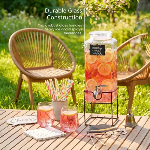 Miniatura 4 de Kook Glass Drink Dispenser, with Stand, 1 Gallon, Serves 15 Cups, Leak-Proof Stainless Steel Spigot, Beverage Storage for Fridge, for Water, Iced