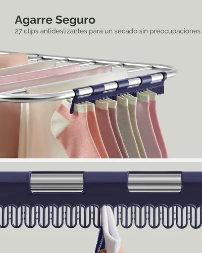Miniatura 5 de SONGMICS Rejilla de secado de ropa, con clips para calcetines, estante de lavandería de metal, plegable, ahorra espacio, aireador independiente