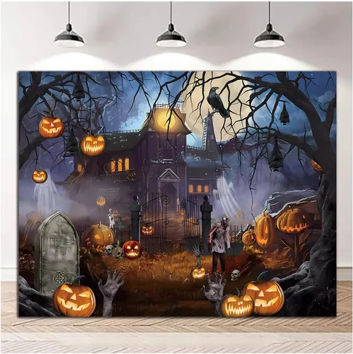 Telón de fondo temático de Halloween para fotografía, castillo de fantasmas, luna, noche aterradora, calabaza, farol, cuervo, fondo de fotos para