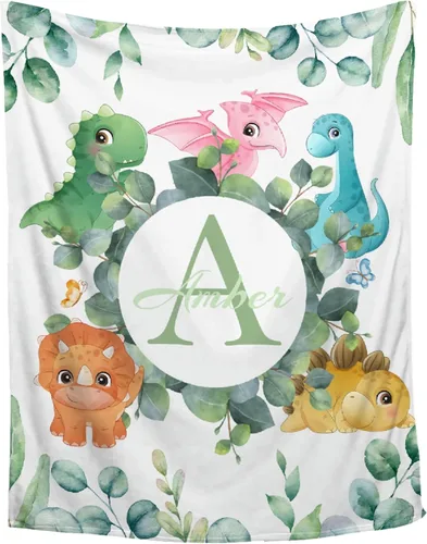 Miniatura 9 de Manta de franela de vellón de dinosaurio con nombre para niñas y niños recién nacidos, regalos personalizados, manta de forro polar suave