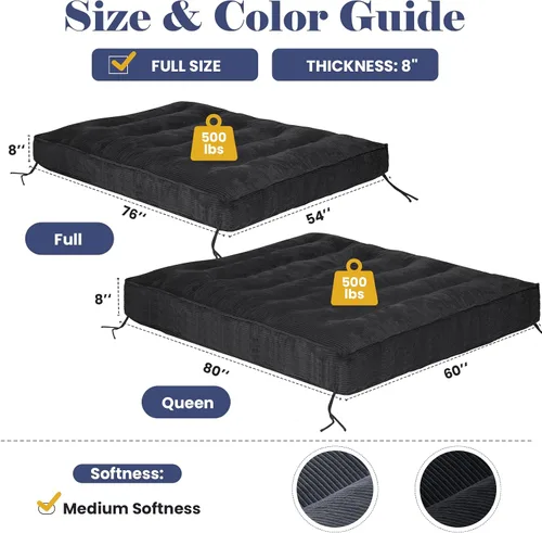 Miniatura 2 de JUIKURY Colchón de futón de 8 pulgadas Tamaño completo, futones gruesos para sofá cama, sofá cama para dormir, colchón de piso para adultos, colchón