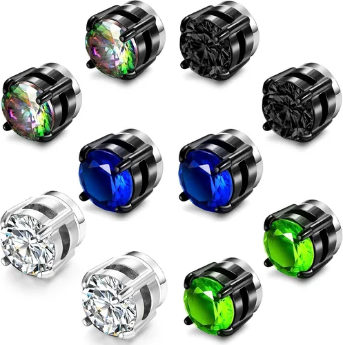 KWUNCCI Magnetic Stud Earrings for Men, 5 Pairs Stainless Steel Clip On Earrings for Men Studs, Non Pierced Earrings for Men, Fake Earrings Men, Non
