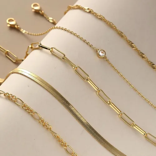 Miniatura 5 de Pulseras de oro para mujer, juego de pulseras en capas de oro de 14 quilates, delicada cadena de espiga de espiga, pulseras cubanas de oro