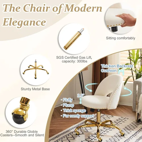 Miniatura 4 de VINGLI Silla de Oficina Pequeña de Terciopelo Moderna, Linda Silla de Escritorio con Ruedas, Base/Tachuelas Doradas, Cómoda Silla Giratoria sin