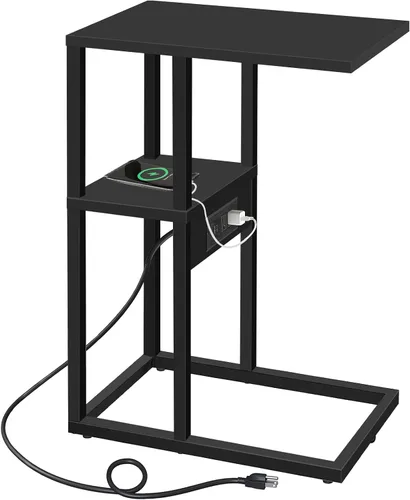 Miniatura 16 de TUTOTAK - Mesa auxiliar en forma de C con estación de carga, mesa auxiliar, mesa de sofá para espacios pequeños, bandeja de TV con 2 puertos USB