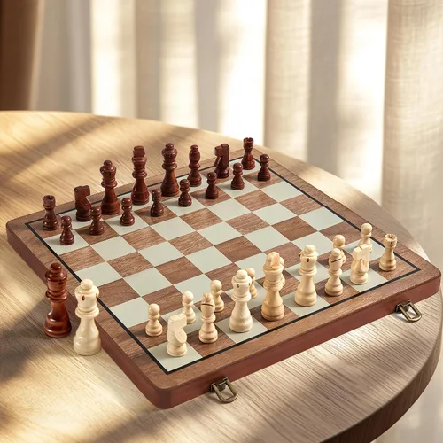 Miniatura 7 de MerryPony Juego de ajedrez y damas de madera magnético 2 en 1, juego de ajedrez plegable de 15 pulgadas para adultos y niños, tablero de ajedrez