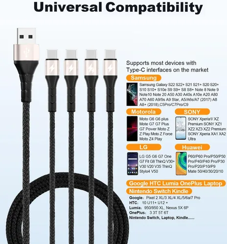 Miniatura 4 de SIQIWO Cable multiUSB C de carga rápida, [paquete de 4 pies/2] QC 3.0 (3A), cable divisor USB C, cable de carga 4 en 1 con 4 puertos tipo C
