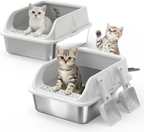 Miniatura 13 de Caja de arena de acero inoxidable con tapa, cajas de arena de metal para gatos de alta cara cerrada para gatos pequeños y gatos lesionados, conejo