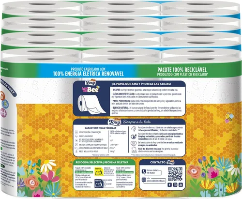 Miniatura 2 de Foxy Love The Bee 3 capas Papel higiénico 48 rollos 167 servicios por rollo Certificado FSC Energía eléctrica 100% renovable Paquete