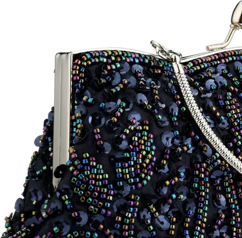 Miniatura 33 de Bolso de noche de diseñador floral con cuentas de lentejuelas diseño vintage besos cerradura satén embrague bolso bolso de mano de boda fiesta