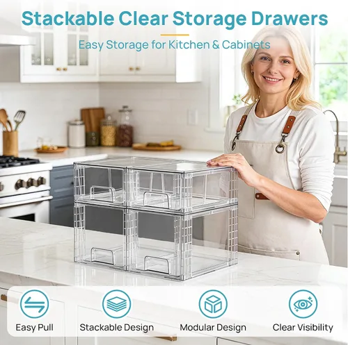 Miniatura 3 de Vtopmart Paquete de 4 cajones de almacenamiento apilables transparentes, para debajo del fregadero y la cocina, cajones de plástico fáciles
